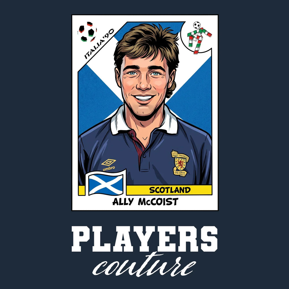 Ally McCoist World Cup Sticker Men's T-Shirt – navy close-up detail shot of the Ally McCoist World Cup Players Couture logo