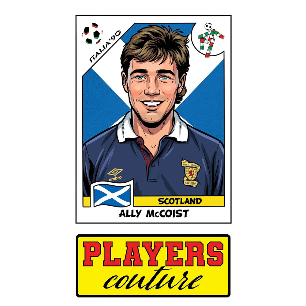 Ally McCoist World Cup Sticker Men's T-Shirt – close-up detail shot of the Ally McCoist World Cup Players Couture logo design