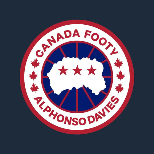 Alphonso Davies Logo Men's T-Shirt – navy close-up detail shot of the Alphonso Davies Players Couture logo design