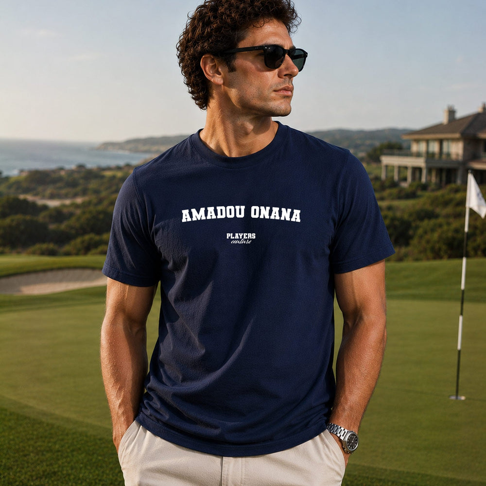 Amadou Onana navy T-shirt lifestyle photograph