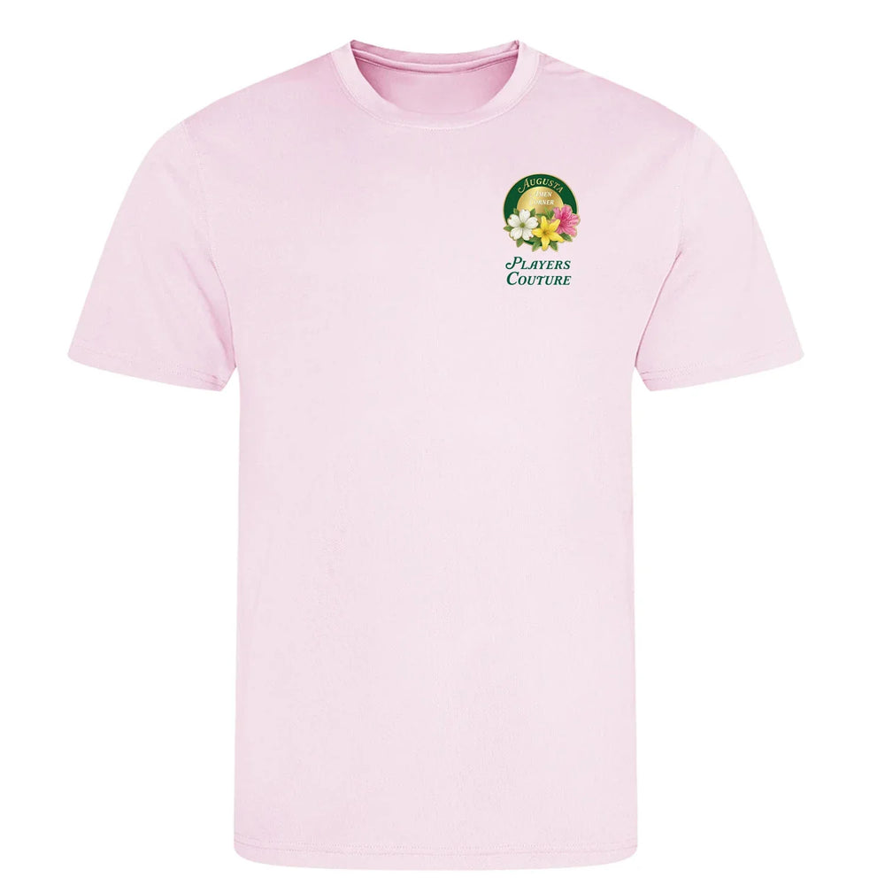 Amen Corner Augusta Golf Ball Marker t-shirt – pink men's t-shirt with black Amen Corner Augusta Golf Ball Marker letters