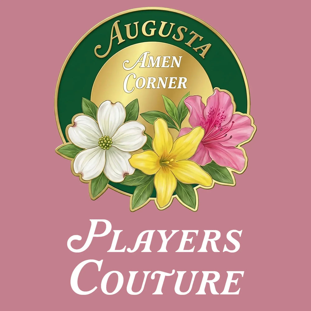 Amen Corner Augusta Golf Ball Marker t-shirt – pink men's t-shirt with black Amen Corner Augusta Golf Ball Marker letters
