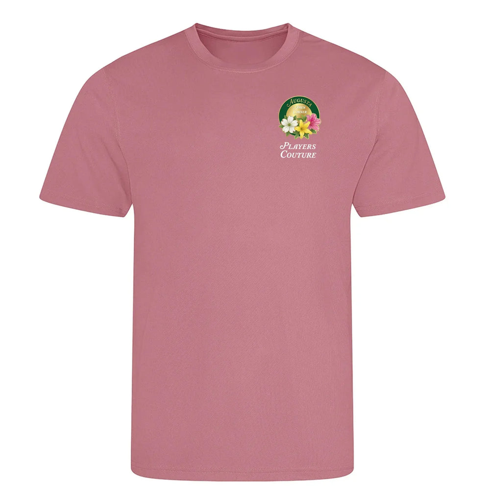 Amen Corner Augusta Golf Ball Marker t-shirt – pink men's t-shirt with black Amen Corner Augusta Golf Ball Marker letters
