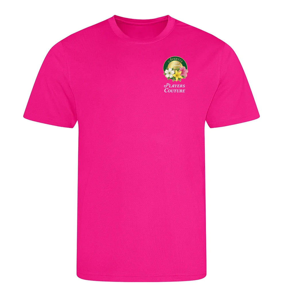 Amen Corner Augusta Golf Ball Marker t-shirt – pink men's t-shirt with black Amen Corner Augusta Golf Ball Marker letters