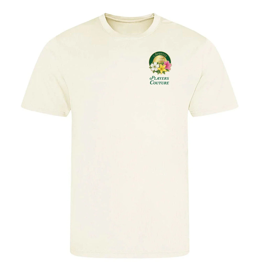 Amen Corner Augusta Golf Ball Marker t-shirt – close-up of white Amen Corner Augusta Golf Ball Marker lettering and Players