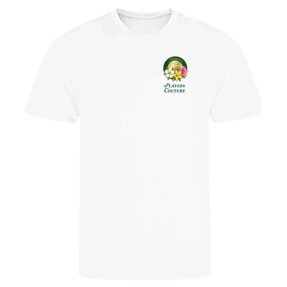 Amen Corner Augusta Golf Ball Marker t-shirt – white men's t-shirt with black Amen Corner Augusta Golf Ball Marker letters