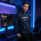 Amnesia hoodie – navy men's hoodie with white Amnesia letters and Players Couture logo on the chest
