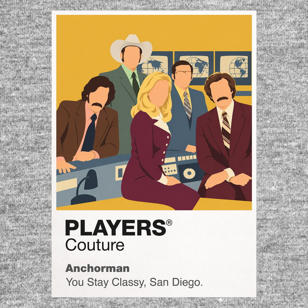 Anchorman Ron Burgundy's burgundy suit, broadcast confidence and the Channel 4 news team Icon Frame artwork in grey
