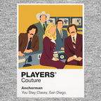 Anchorman Ron Burgundy's burgundy suit, broadcast confidence and the Channel 4 news team Icon Frame artwork in grey