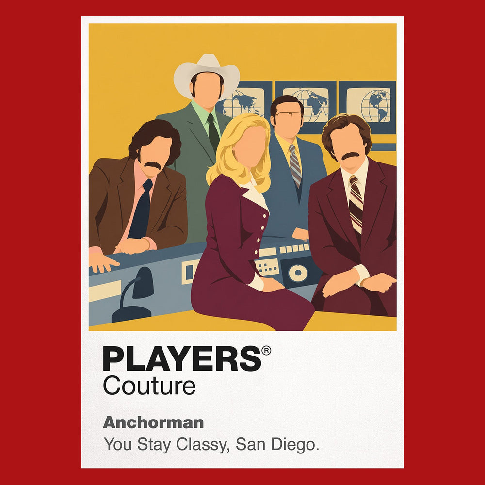 Anchorman Ron Burgundy's burgundy suit, broadcast confidence and the Channel 4 news team Icon Frame artwork in red