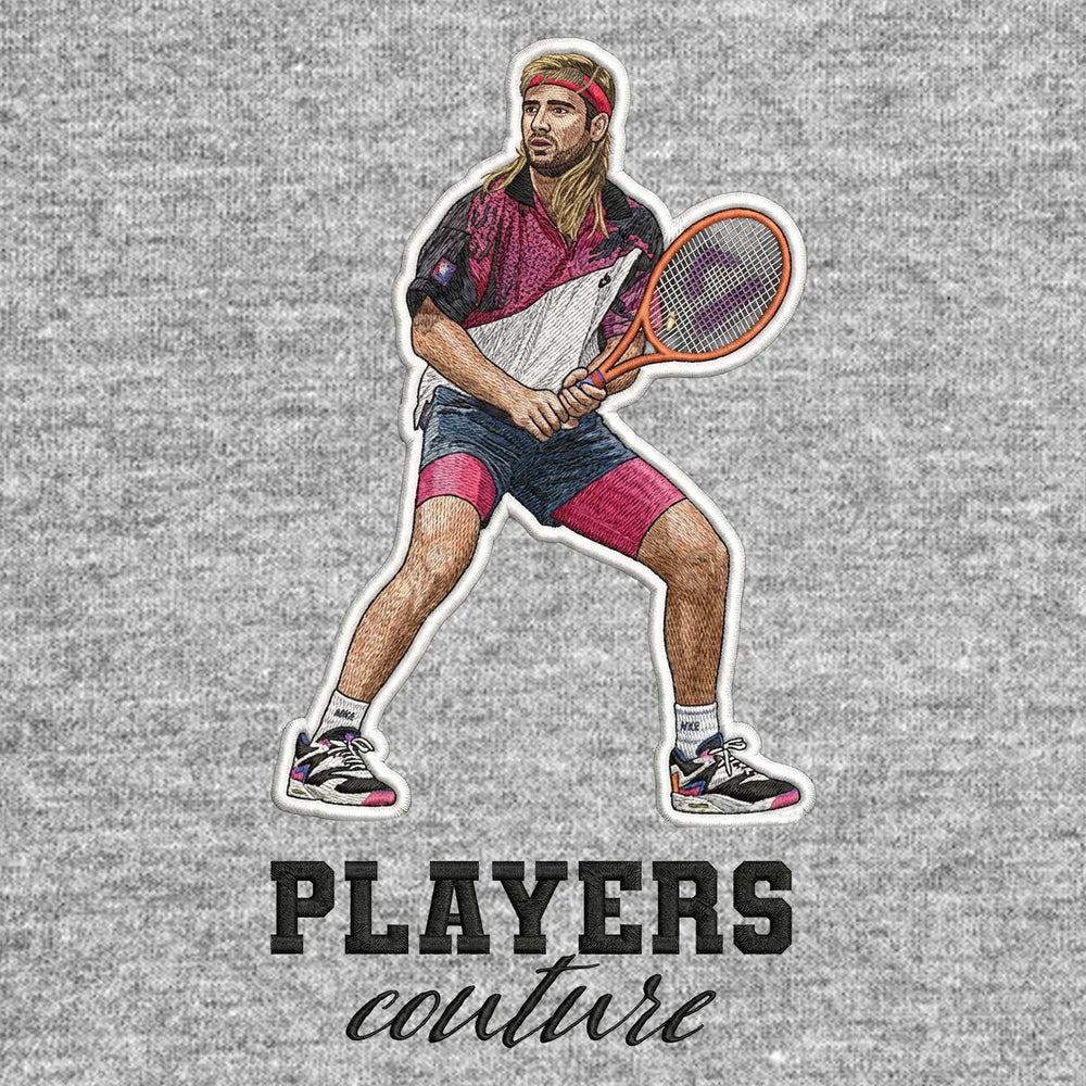 Andre Agassi Badge Men's Hoodie – black close-up detail shot of the Andre Agassi Players Couture logo design