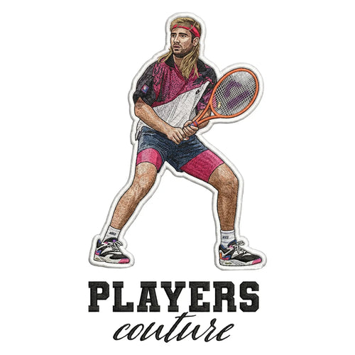Andre Agassi Badge Men's Hoodie – black close-up detail shot of the Andre Agassi Players Couture logo design