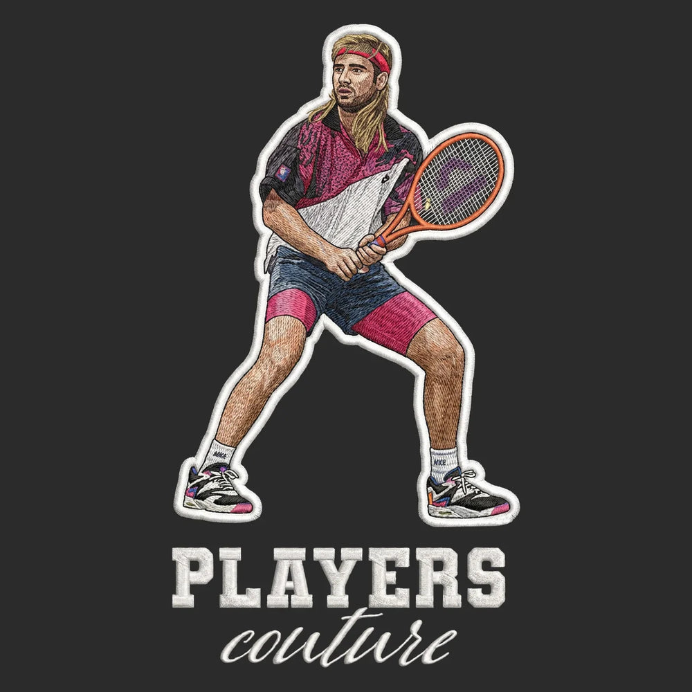 Andre Agassi Badge Men's Hoodie – white close-up detail shot of the Andre Agassi Players Couture logo design