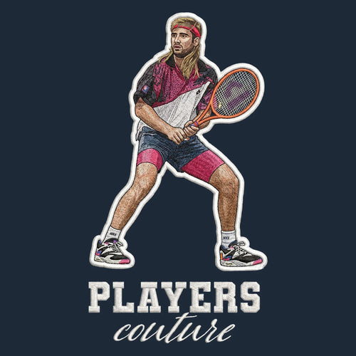 Andre Agassi Badge Men's Hoodie – white close-up detail shot of the Andre Agassi Players Couture logo design