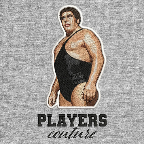 Andre The Giant Badge Men's Hoodie – black close-up detail shot of the Andre The Giant Players Couture logo design