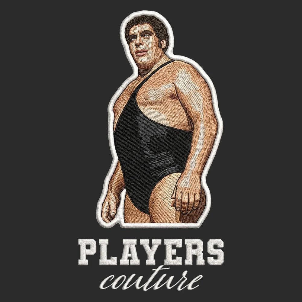 Andre The Giant Badge Men's Hoodie – white close-up detail shot of the Andre The Giant Players Couture logo design
