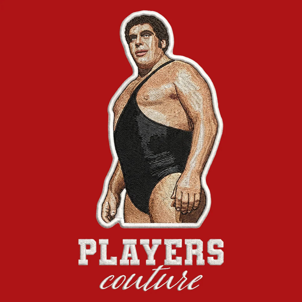 Andre The Giant Badge Men's Hoodie – white close-up detail shot of the Andre The Giant Players Couture logo design