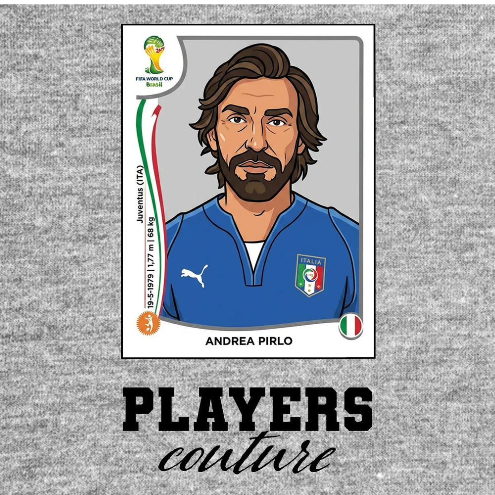 Andrea Pirlo World Cup Sticker Men's T-Shirt – grey close-up detail shot of the Andrea Pirlo World Cup Players Couture logo