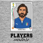 Andrea Pirlo World Cup Sticker Men's T-Shirt – grey close-up detail shot of the Andrea Pirlo World Cup Players Couture logo