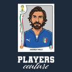 Andrea Pirlo World Cup Sticker Men's T-Shirt – navy close-up detail shot of the Andrea Pirlo World Cup Players Couture logo