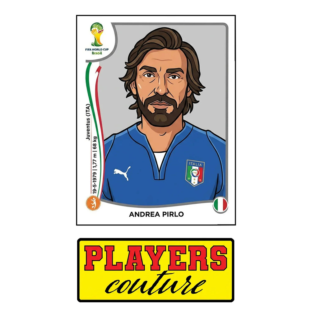 Andrea Pirlo World Cup Sticker Men's T-Shirt – close-up detail shot of the Andrea Pirlo World Cup Players Couture logo design