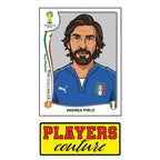 Andrea Pirlo World Cup Sticker Men's T-Shirt – close-up detail shot of the Andrea Pirlo World Cup Players Couture logo design
