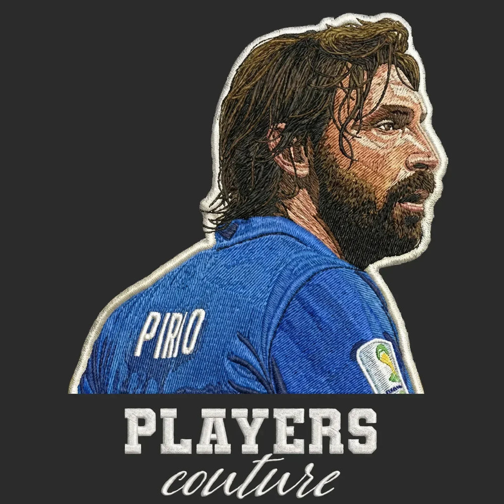 Andrea Pirlo Badge Men's Hoodie – black close-up detail shot of the Andrea Pirlo Players Couture logo design
