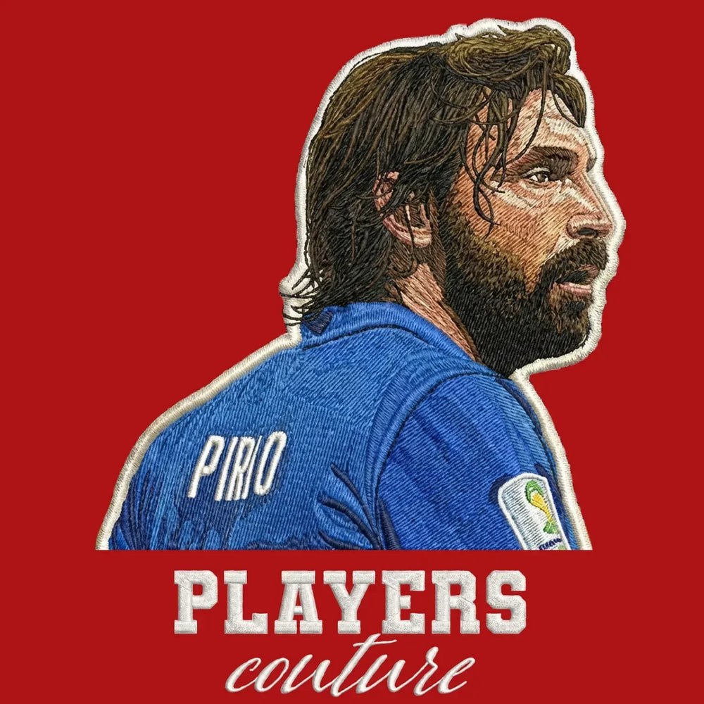 Andrea Pirlo Badge Men's Hoodie – red close-up detail shot of the Andrea Pirlo Players Couture logo design