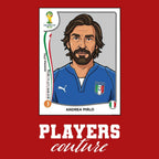 Andrea Pirlo World Cup Sticker Men's T-Shirt – red close-up detail shot of the Andrea Pirlo World Cup Players Couture logo