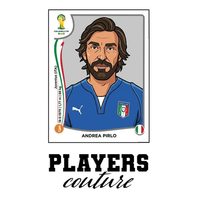 Andrea Pirlo World Cup Sticker Men's T-Shirt – white close-up detail shot of the Andrea Pirlo Players Couture logo design