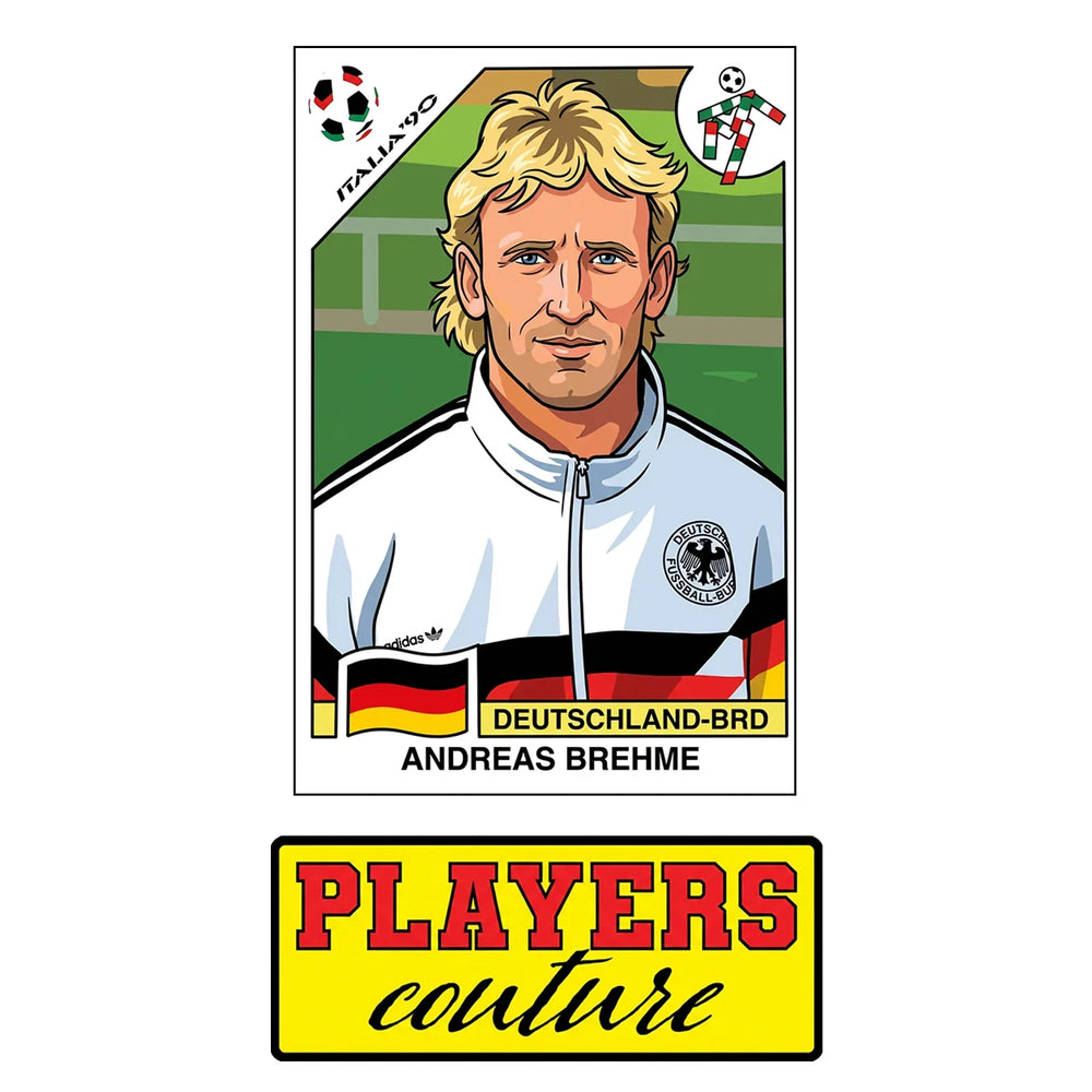 Andreas Brehme World Cup Sticker Men's T-Shirt – close-up detail shot of the Andreas Brehme World Cup Players Couture logo