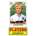 Andreas Brehme World Cup Sticker Men's T-Shirt – close-up detail shot of the Andreas Brehme World Cup Players Couture logo