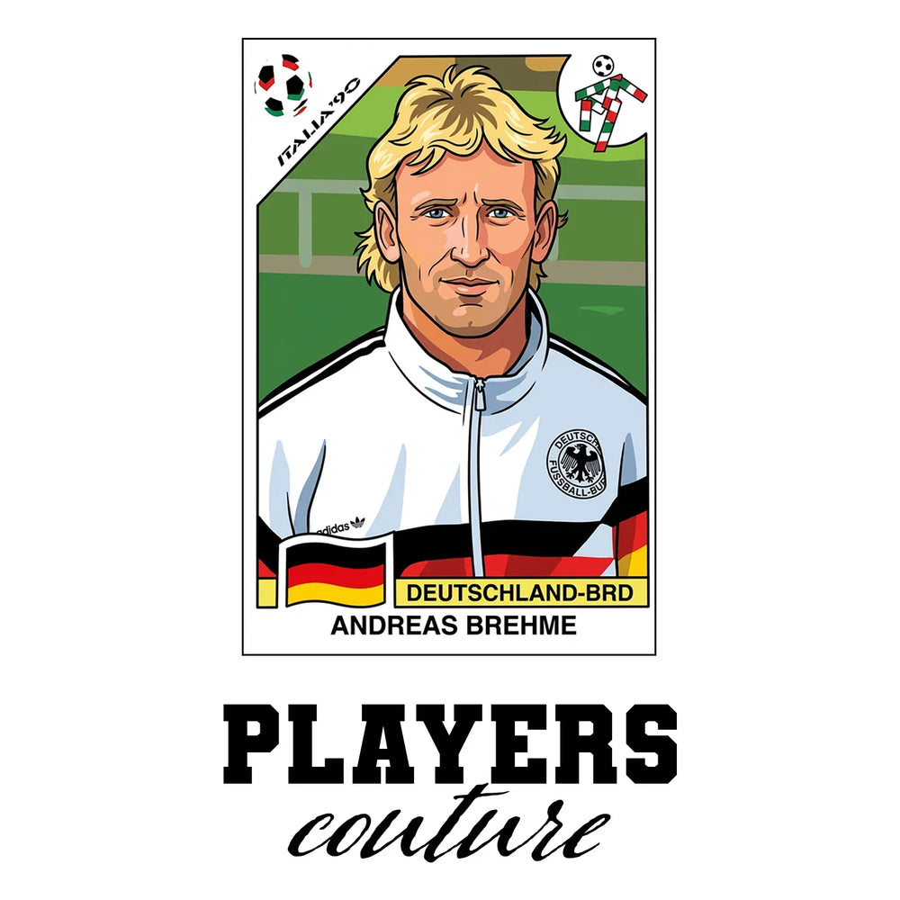 Andreas Brehme World Cup Sticker Men's T-Shirt – white close-up detail shot of the Andreas Brehme Players Couture logo design