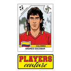 Andres Escobar World Cup Sticker Men's T-Shirt – close-up detail shot of the Andres Escobar World Cup Players Couture logo