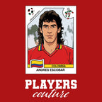 Andres Escobar World Cup Sticker Men's T-Shirt – red close-up detail shot of the Andres Escobar World Cup Players Couture