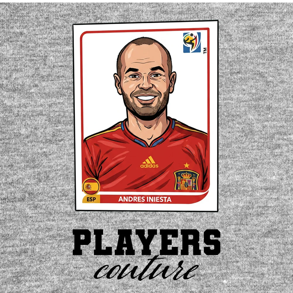 Andres Iniesta World Cup Sticker Men's T-Shirt – grey close-up detail shot of the Andres Iniesta World Cup Players Couture