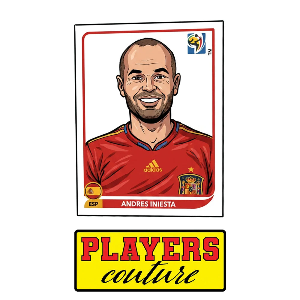 Andres Iniesta World Cup Sticker Men's T-Shirt – close-up detail shot of the Andres Iniesta World Cup Players Couture logo