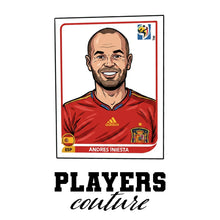 Andres Iniesta World Cup Sticker Men's T-Shirt – white close-up detail shot of the Andres Iniesta Players Couture logo design