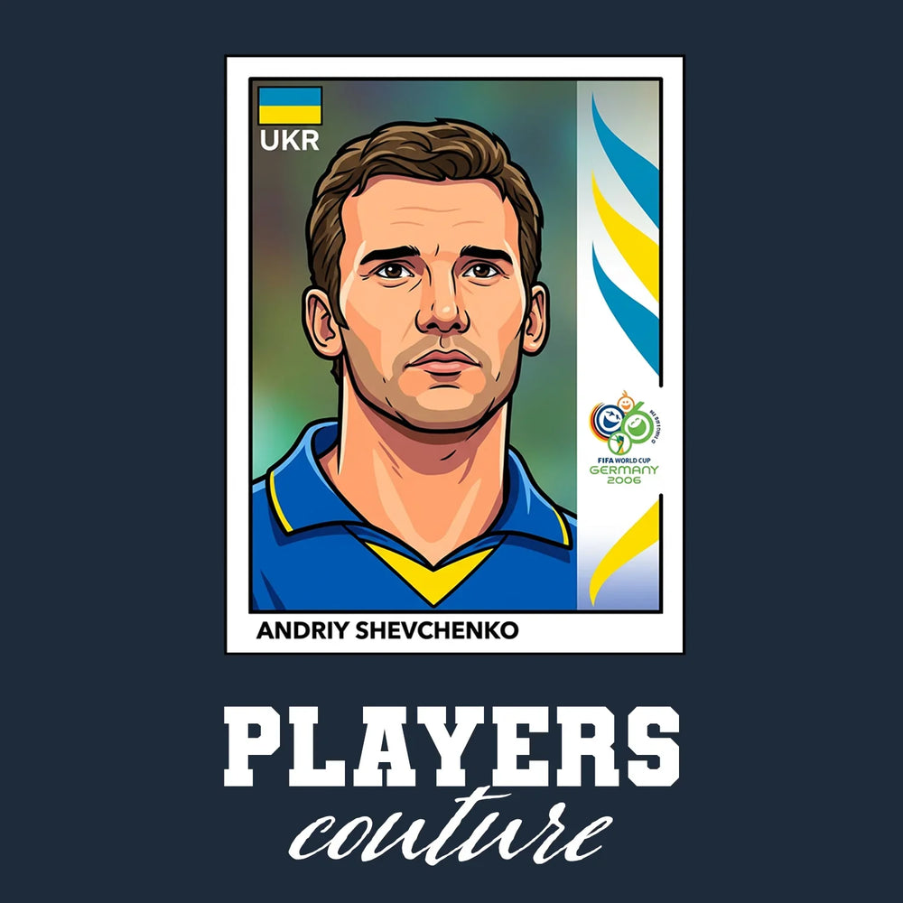Andriy Shevchenko World Cup Sticker Men's T-Shirt – navy close-up detail shot of the Andriy Shevchenko World Cup Players