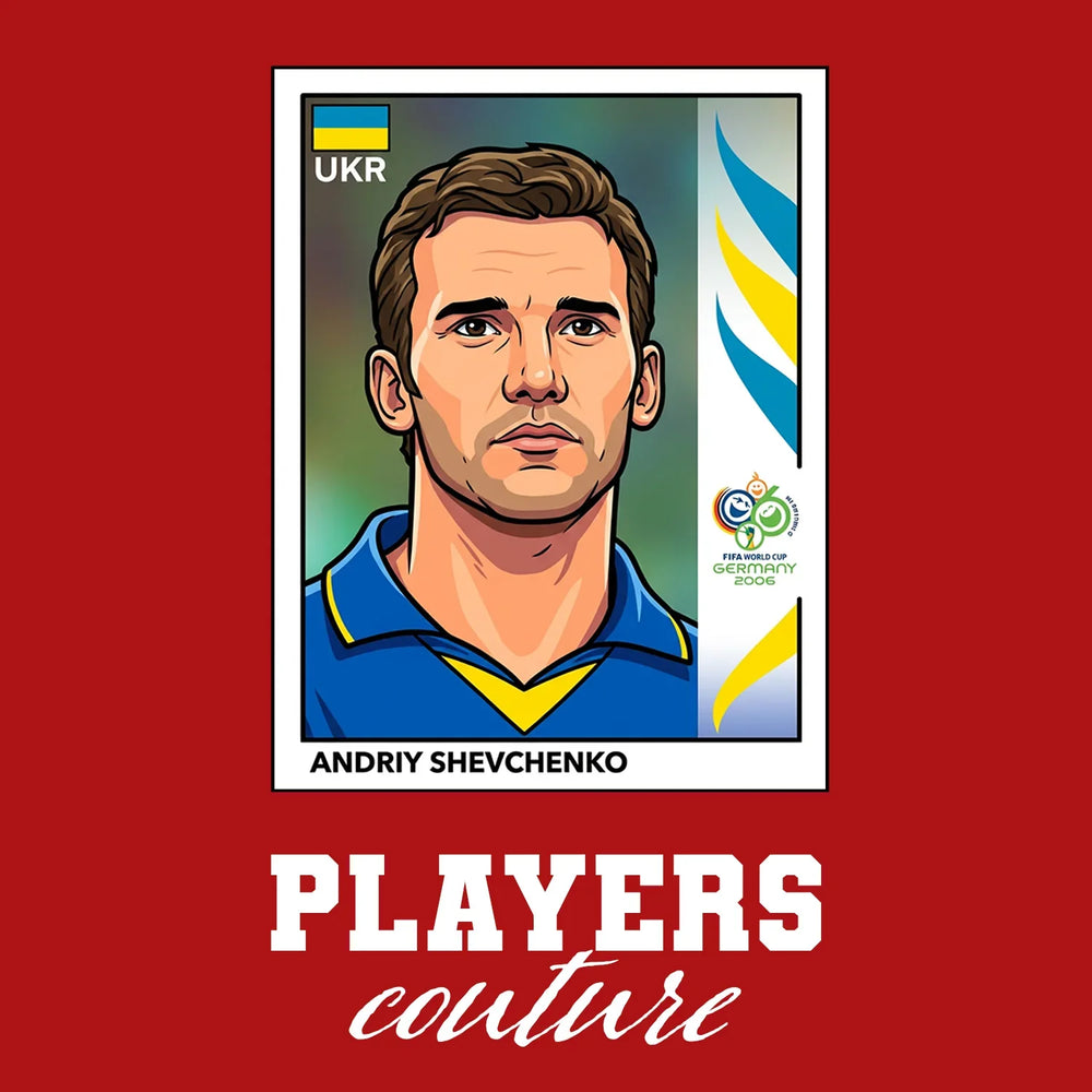 Andriy Shevchenko World Cup Sticker Men's T-Shirt – red close-up detail shot of the Andriy Shevchenko World Cup Players