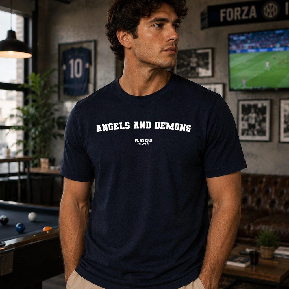 Angels & Demons navy T-shirt lifestyle photograph
