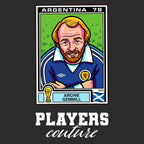 Archie Gemmill World Cup Sticker Men's T-Shirt – black close-up detail shot of the Archie Gemmill World Cup Players Couture