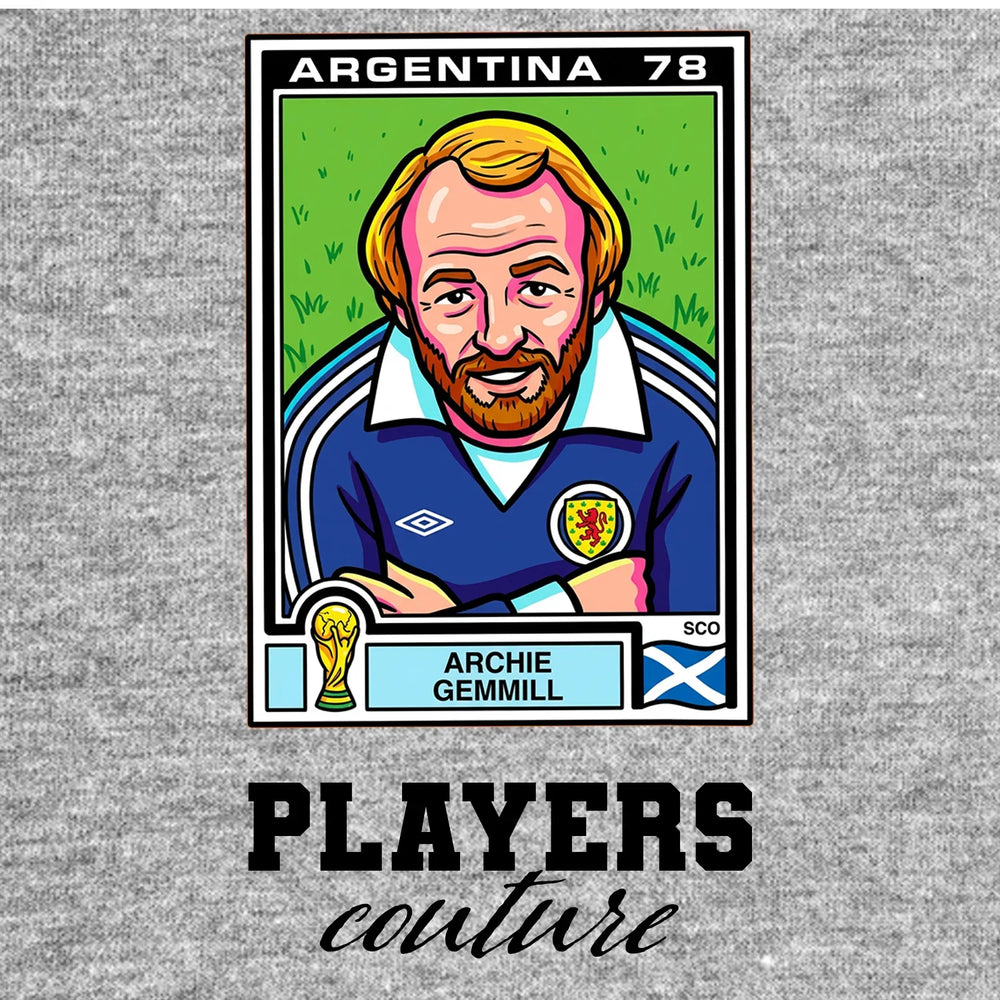Archie Gemmill World Cup Sticker Men's T-Shirt – grey close-up detail shot of the Archie Gemmill World Cup Players Couture