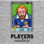 Archie Gemmill World Cup Sticker Men's T-Shirt – grey close-up detail shot of the Archie Gemmill World Cup Players Couture