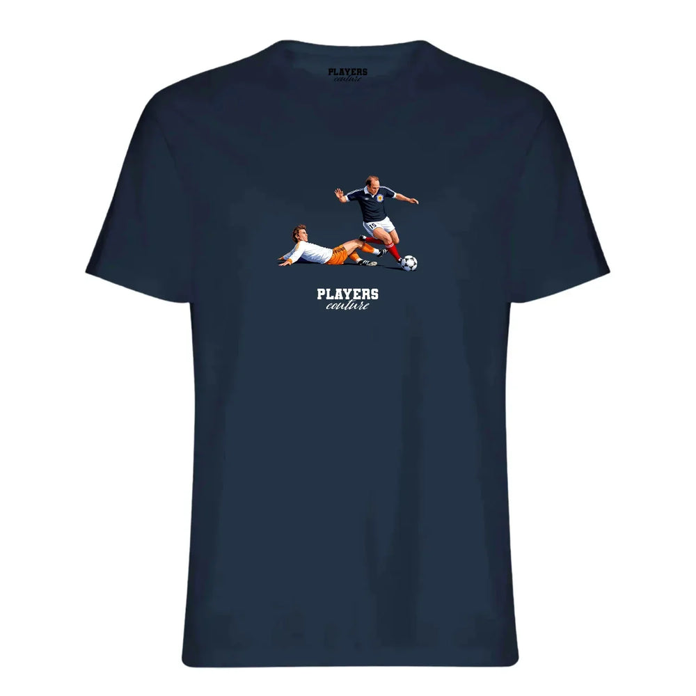 Archie Gemmill Icon t-shirt – navy men's t-shirt with white Archie Gemmill Icon letters and Players Couture logo on the chest