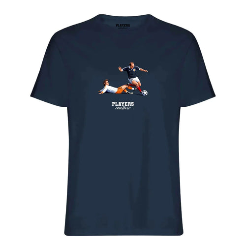 Archie Gemmill Icon t-shirt – navy men's t-shirt with white Archie Gemmill Icon letters and Players Couture logo on the chest