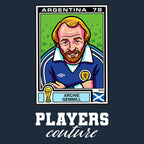 Archie Gemmill World Cup Sticker Men's T-Shirt – navy close-up detail shot of the Archie Gemmill World Cup Players Couture