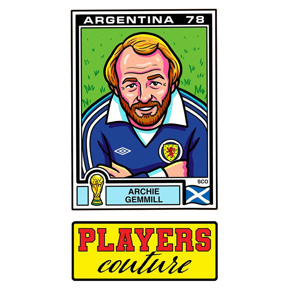 Archie Gemmill World Cup Sticker Men's T-Shirt – close-up detail shot of the Archie Gemmill World Cup Players Couture logo