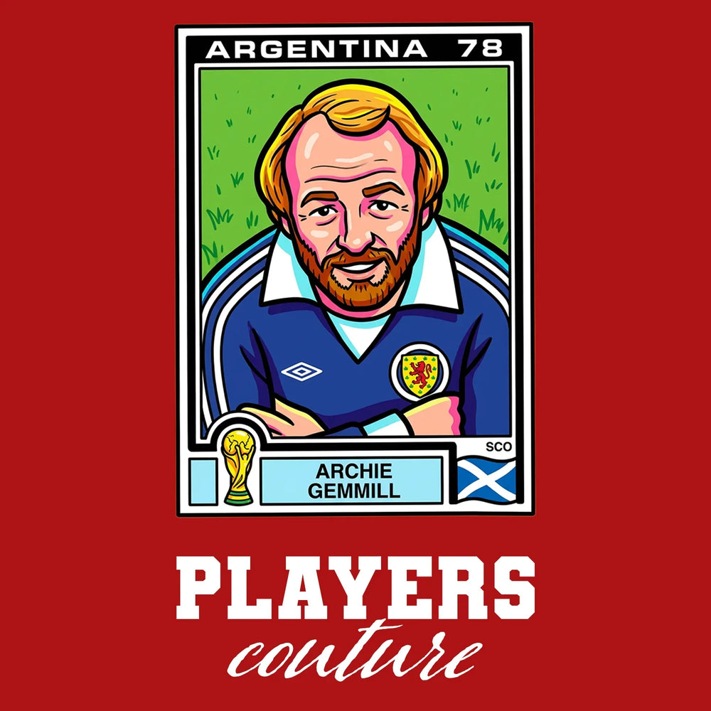 Archie Gemmill World Cup Sticker Men's T-Shirt – red close-up detail shot of the Archie Gemmill World Cup Players Couture