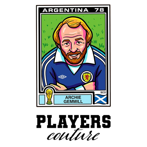 Archie Gemmill World Cup Sticker Men's T-Shirt – white close-up detail shot of the Archie Gemmill Players Couture logo design